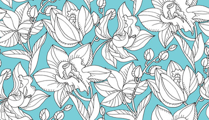 Fototapeta premium Line-art orchid silhouette floral seamless pattern