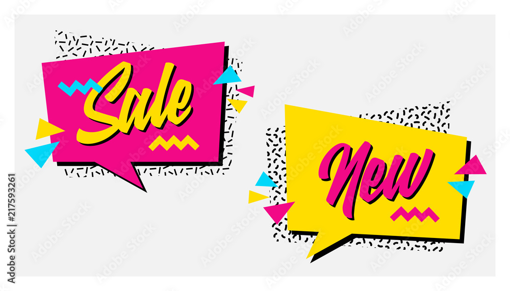 Fototapete vector set of memphis style banners with sale and new labels. bright geometric shapes and textures. 