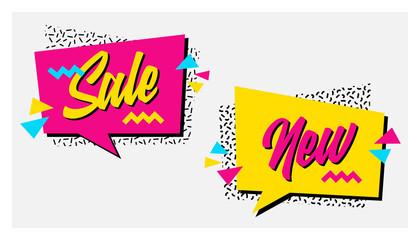 Vector set of memphis style banners with Sale and New labels. Bright geometric shapes and textures. 90s or 80s design template ready to be used in poster, email or advertisement.