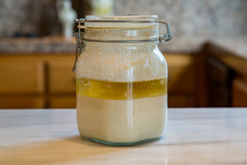 A Glass Jar of Mason Jar of Active Sourdough Starter Yeast on a Kitchen Counter