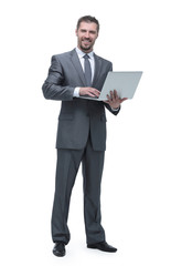 happy businessman with a laptop.