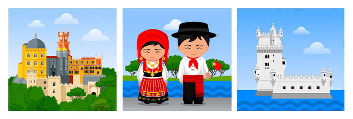 Travel to Portugal. People in traditional portuguese costumes, woman and man with national flag, Belem tower, Torre de Belem, Pena Palace, Palacio Nacional da Pena. Set of vector flat illustration.