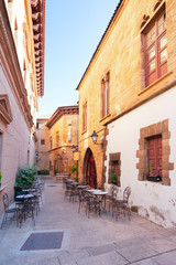 Poble Espanyol small street, traditional architecture site in Barcelona, Catalonia Spain