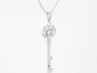 3D illustration white gold or silver decorative key necklace on chain with diamond