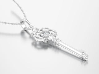 3D illustration white gold or silver decorative key necklace on chain with diamond