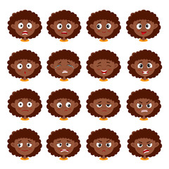 African girl face expression, cartoon vector set isolated on white