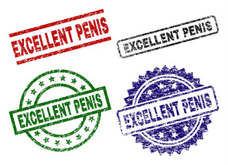 EXCELLENT PENIS seal prints with corroded style. Black, green,red,blue vector rubber prints of EXCELLENT PENIS title with corroded texture. Rubber seals with circle, rectangle, medal shapes.