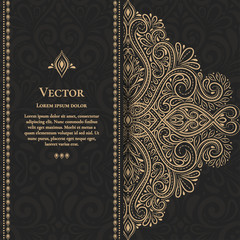 Gold vintage greeting card on a black background. Luxury vector ornament template. Mandala. Great for invitation, flyer, menu, brochure, postcard, wallpaper, decoration, or any desired idea. - obrazy, fototapety, plakaty