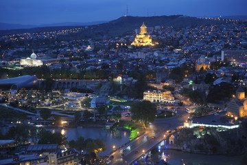 Georgia. Night Tbilisi. Cathedral. Monastery, Georgian Orthodox Church. Ancient and modern city.
