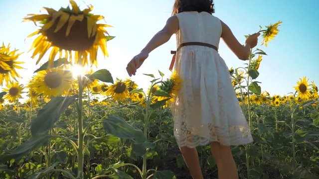 Happy little girl runs happy free across the field with sunflowers. slow motion video. smelling big sunflower on summer field. Delight of a pleasant smell. Summer holiday. concept lifestyle happiness