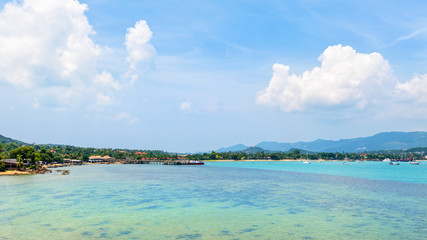 Beautiful natural landscape of Bangrak Pier, beach, sea and sky during the summer from the view point on Big Buddha Temple in Koh Samui island, Surat Thani province, Thailand