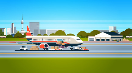 transport airplane express delivery preparing flight aircraft airport air cargo international transportation concept forklift loading parcel boxes flat horizontal vector illustration