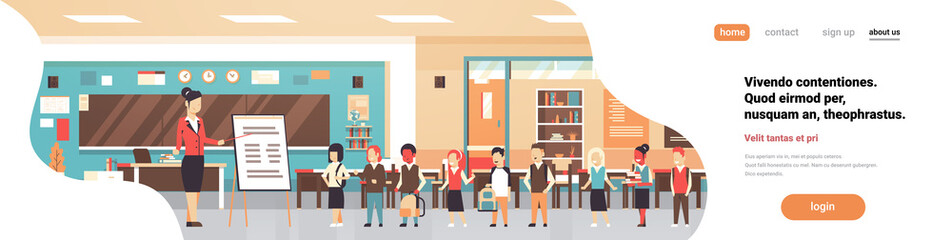 School lesson female teacher holding pointer flip chart mix race pupils standing board classroom horizontal banner copy space flat vector illustration