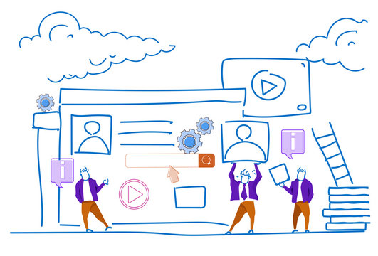 media player online video webinar profile concept business people working together sketch doodle horizontal vector illustration