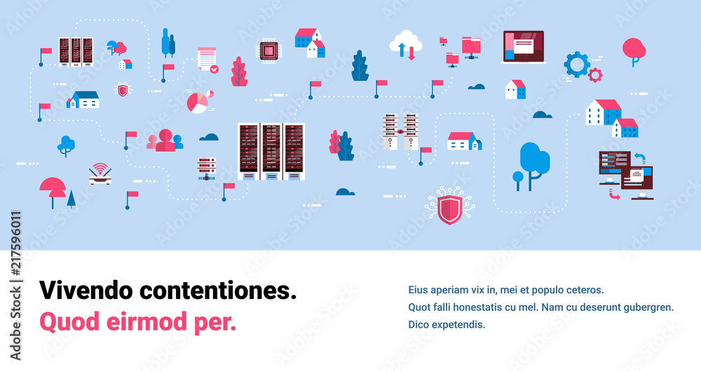 Poster data network flowchart server map isometric cloud storage synchronization internet connection databa