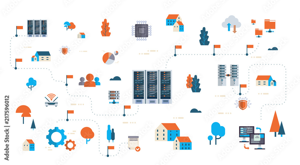 Poster data network flowchart server map isometric cloud storage synchronization internet connection databa