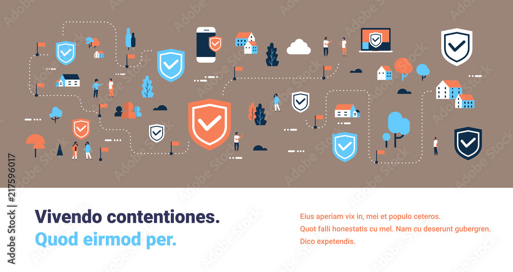 Poster data protection shield access connection isometric people communication internet computer mobile sec