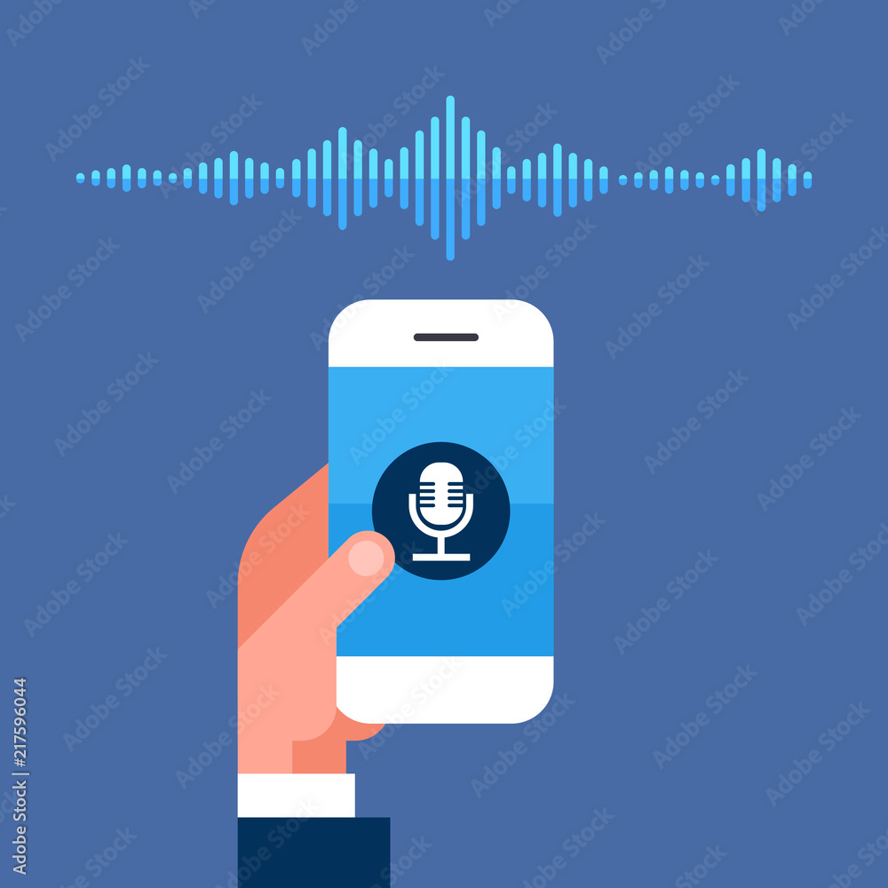 Aufkleber hand hold phone app intelligent voice personal assistant recognition sound waves technology concept 
