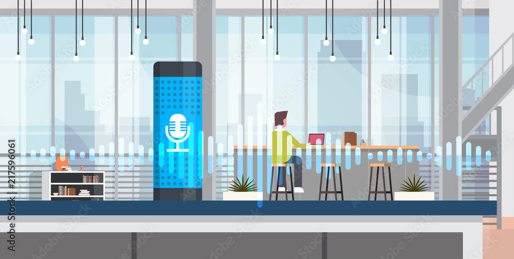 Poster working intelligent voice activated assistant recognition technology concept office interior backgro