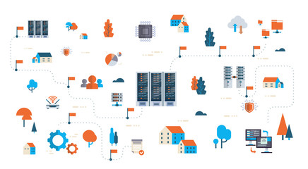 data network flowchart server map isometric cloud storage synchronization internet connection database center concept horizontal banner flat isolated vector illustration