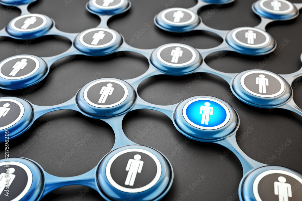 Poster social networking and communication concept, network of blue linked disks with people icons on dark 