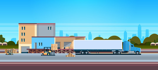 Fototapeta na wymiar Forklift unloading loading semi trailer outdoor warehouse international delivery concept flat horizontal banner vector illustration