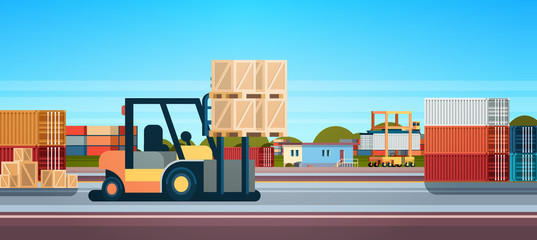 forklift loader pallet stacker truck equipment warehouse international delivery concept flat horizontal banner vector illustration