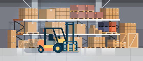 forklift loader pallet stacker truck equipment warehouse interior background rack box international delivery concept flat horizontal vector illustration