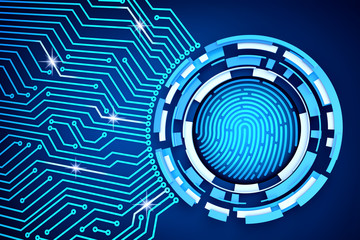 Electronic access security system and data protection technology concept, printed circuit board (pcb) around the fingerprint icon on a blue background