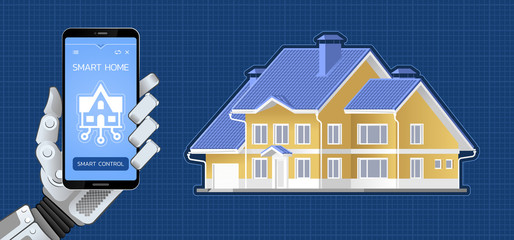 Smart Home Control via Mobile App. Mechanical hand of a robot holding smartphone showing mobile app to control a smart home. Illustration on the subject of `Modern Technologies`.