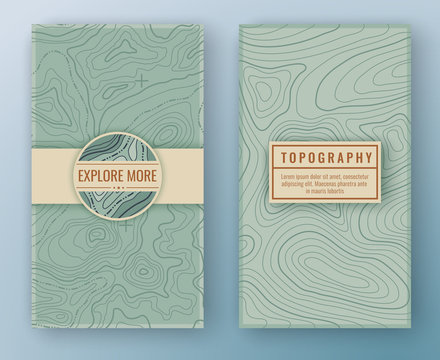 Two Abstract Retro Vertical Banners With Map Pattern And Copy Space Frames. Topographic Map Travel Background. Map Pattern With Mountain Texture And Grid