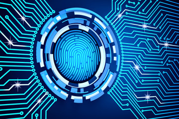 Electronic access security system and data protection technology concept, printed circuit board (pcb) around the fingerprint icon on a blue background