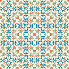 Retro geometric pattern in repeat. Fabric print. Seamless background, mosaic ornament, vintage style.