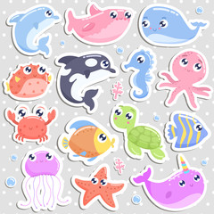 Cute cartoon sea animal stickers. Flat design