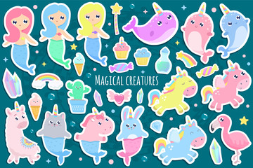 Magical creatures. Narwhal, unicorn mermaid,bunny mermaid, cat mermaid, pegasus, magical items stickers vector illustration