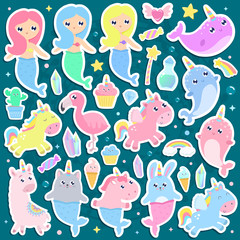 Magical creatures. Narwhal, unicorn mermaid,bunny mermaid, cat mermaid, pegasus, magical items stickers vector illustration