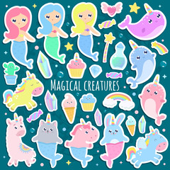 Magical creatures. Narwhal, unicorn mermaid,bunny mermaid, cat mermaid, pegasus, magical items stickers vector illustration