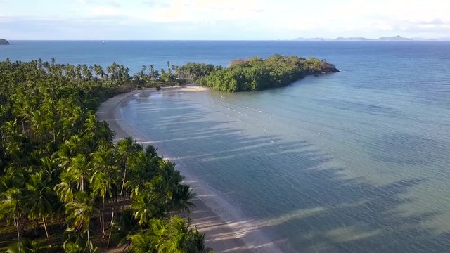 Aerial drone flying over a beautiful virgin beach with wite sand, coconut trees and turquoise water. HD video