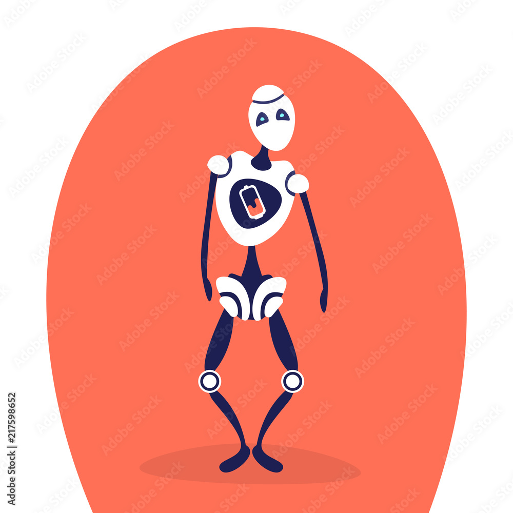 Poster modern discharged robot standing pose bot helper artificial intelligence concept cartoon character f