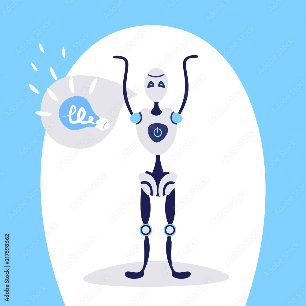Aufkleber modern robot raising hands up chat bubble light lamp idea bot helper artificial intelligence concept