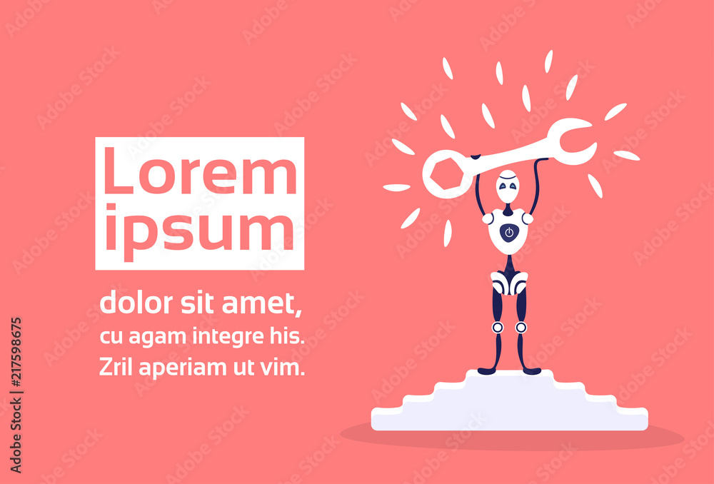 Aufkleber modern robot holding wrench ladder podium bot helper support service artificial intelligence concept