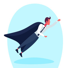 Businessman dressed superhero black cloak flying up
