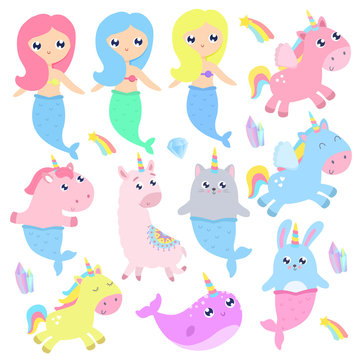 Magical creatures. Narwhal, unicorn mermaid,bunny mermaid, cat mermaid, pegasus, magical items vector illustration