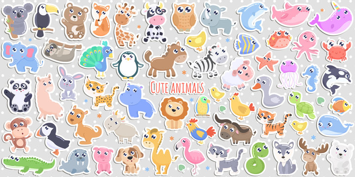 Cute cartoon animal stickers. flat design