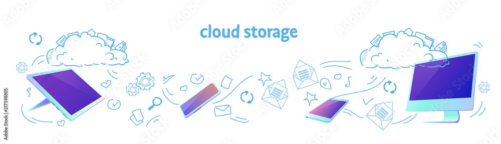 Poster data cloud storage online synchronization security database concept horizontal banner sketch doodle 