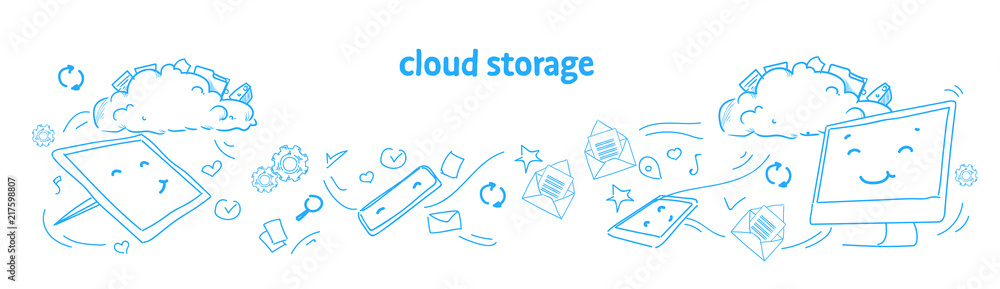 Poster data cloud storage online synchronization security database concept horizontal banner sketch doodle 