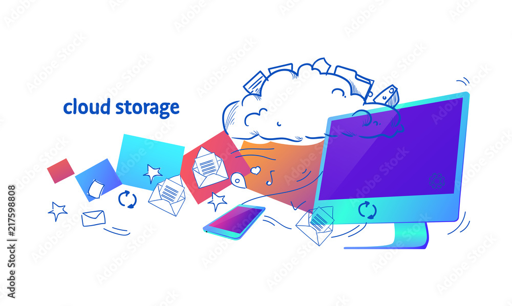 Poster data cloud storage computer app online synchronization security database concept horizontal sketch d