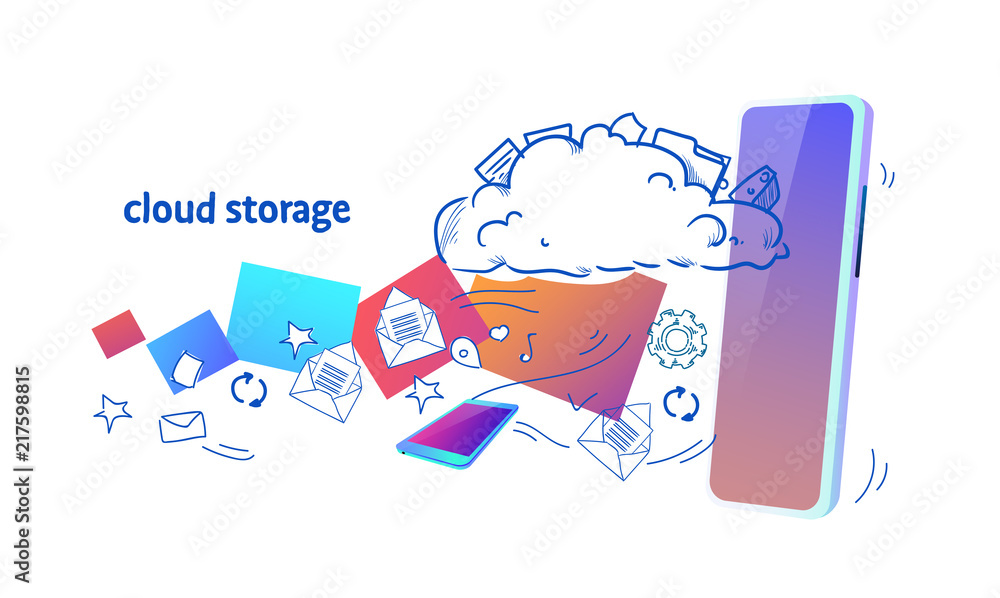 Poster data cloud storage mobile app online synchronization security database concept horizontal sketch doo