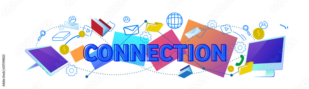 Poster data cloud storage online connection synchronization database concept horizontal banner vector illus