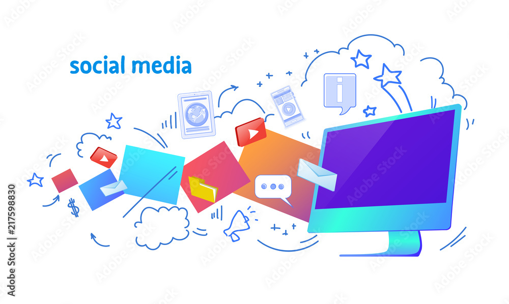 Poster cloud storage social media synchronization online computer application network communication sketch 